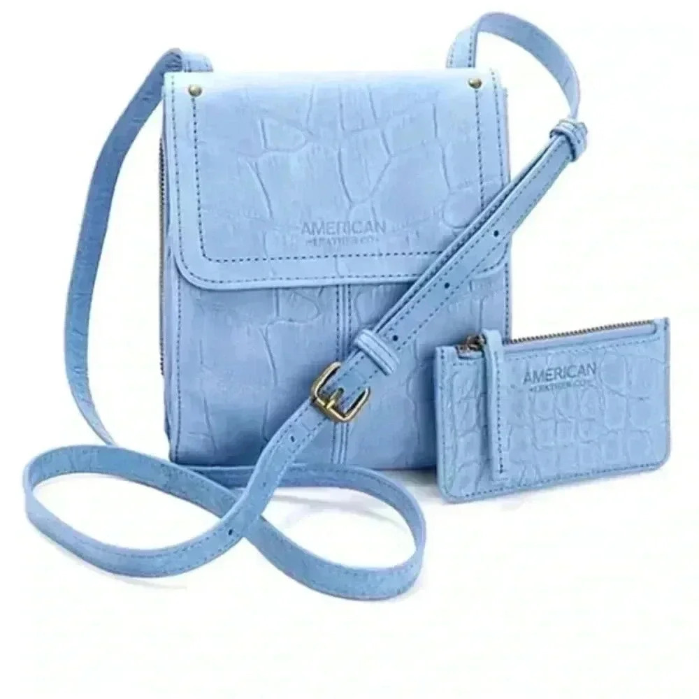 NWOT American Leather Co. Kansas Crossbody with Wallet/Coin Purse Glacier Croc